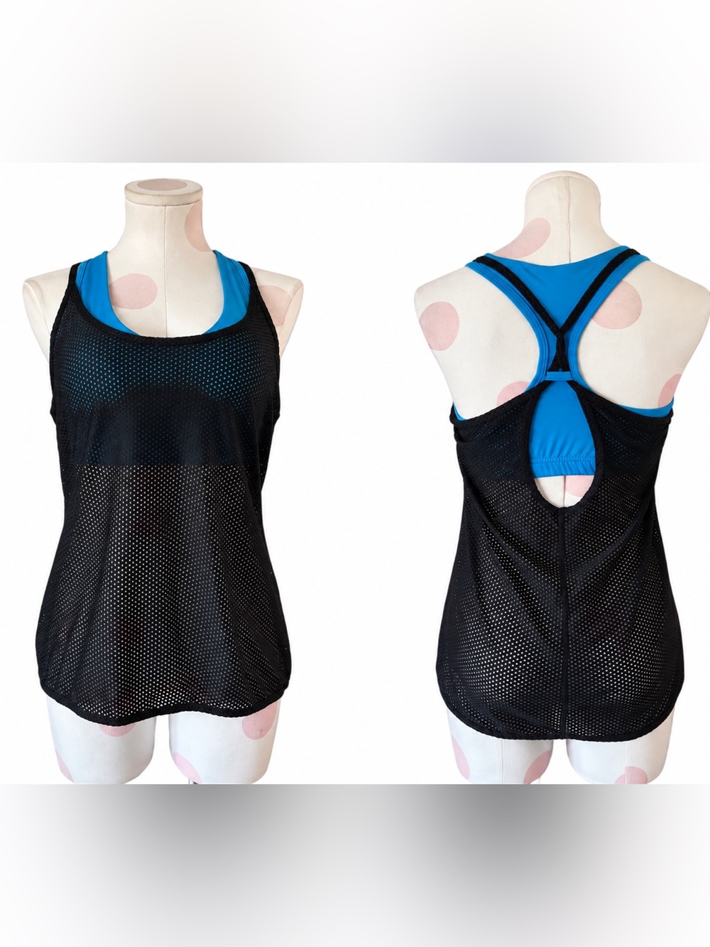Kyodan Black Mesh Layered Racerback Athletic Tank Top Blue Sports Bra Medium